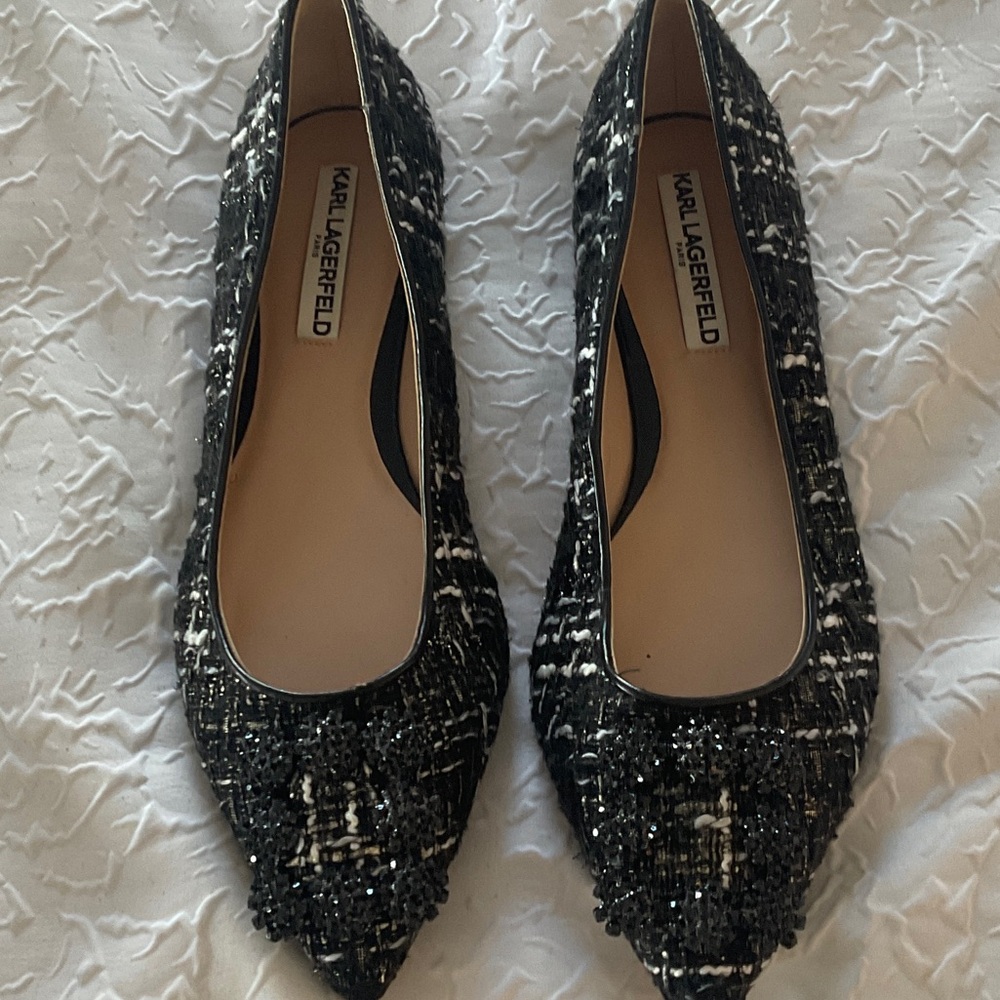 NWT KARL LAGERFELD JEWELED BLACK BUCKLES BOUCLE FLAT SHOES 9.5 BLACK WHITE GOLD